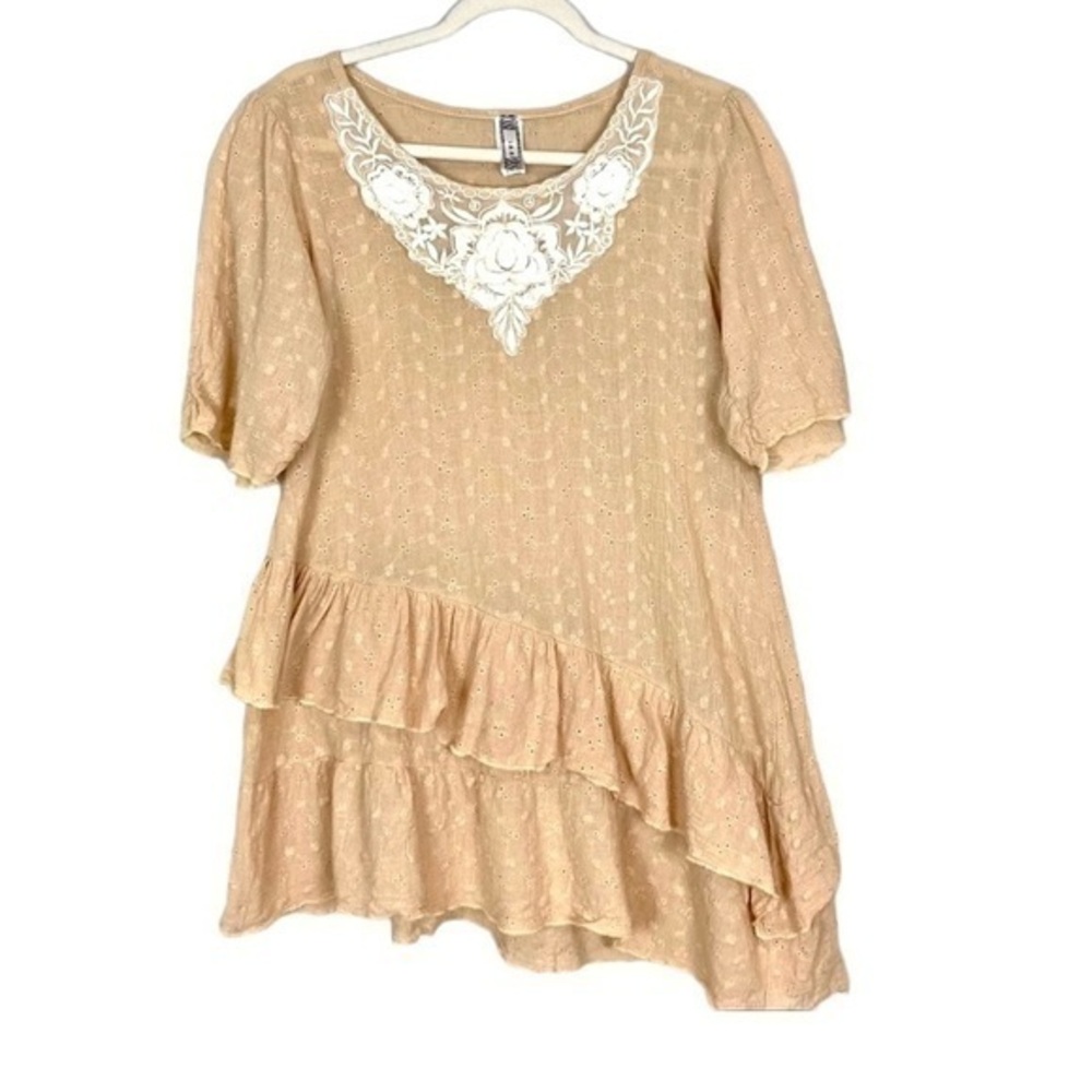Vintage Eyelet Lace Asymmetrical Ruffle Boho Top Cottagecore Lagenlook Blouse